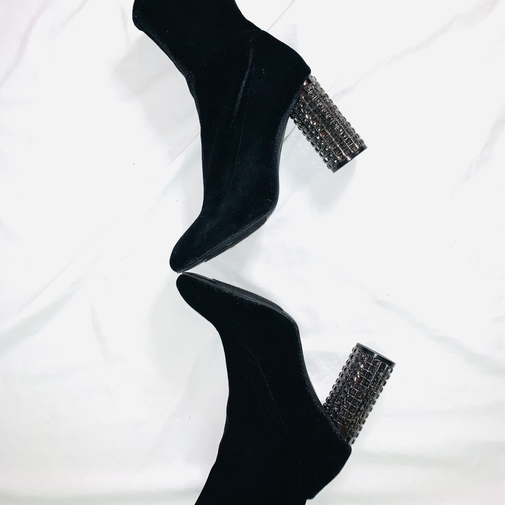 Nina Crystal Stack Heel Stretch Velvet Boot - Gem